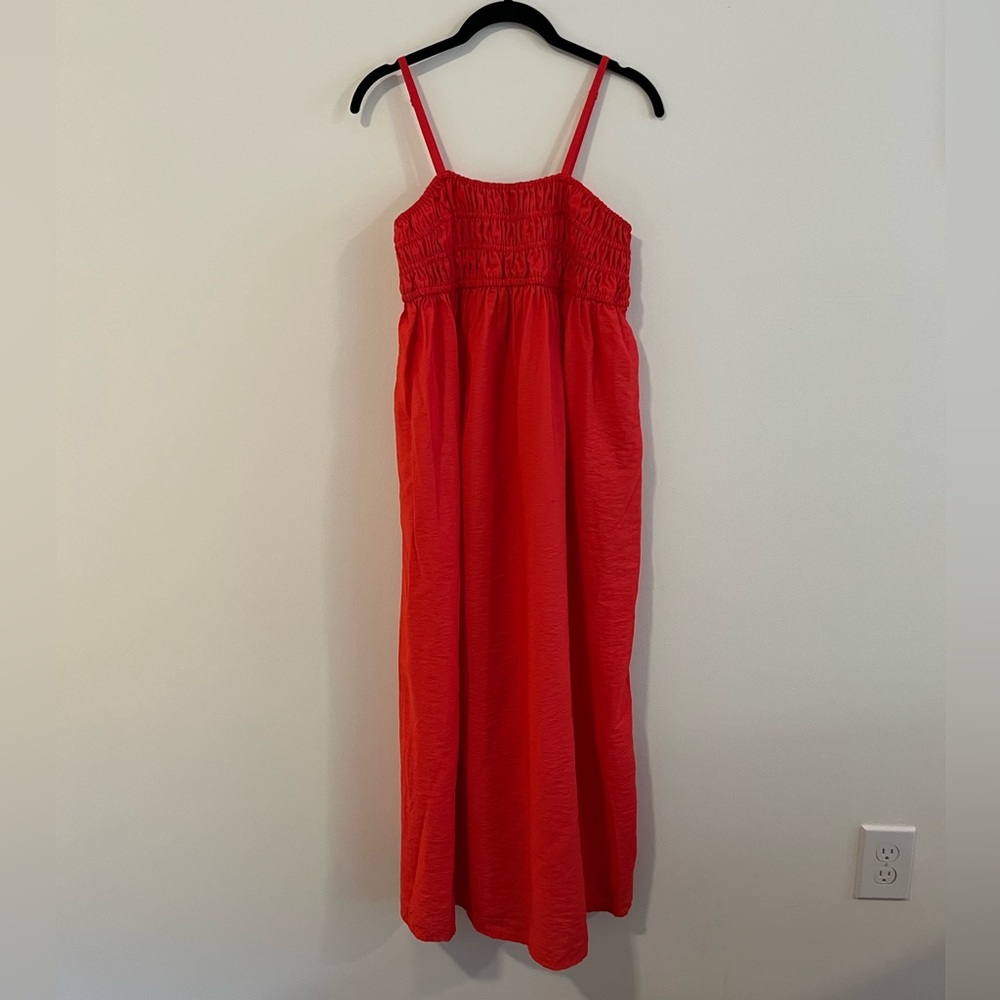 Red Smocked Midi Dress